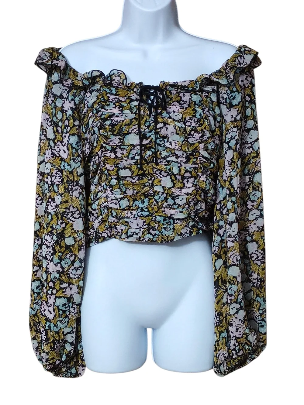 #260 Free People Floral Off-Shoulder Smocked Crop Top - Black Multicolor